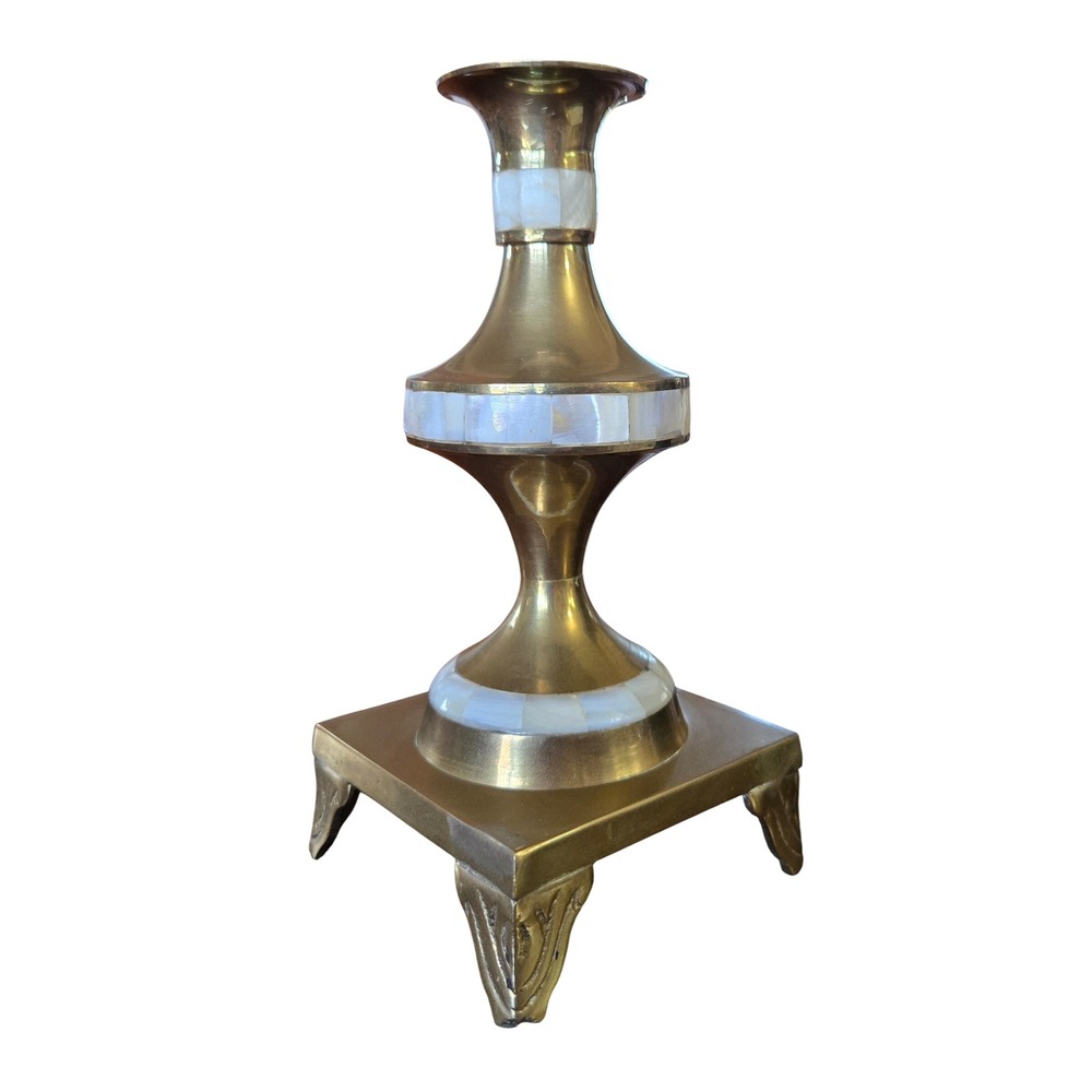 Vintage Boho Chic Brass Candlestick Holder Mother of Pearl Inlay Square Base 8"